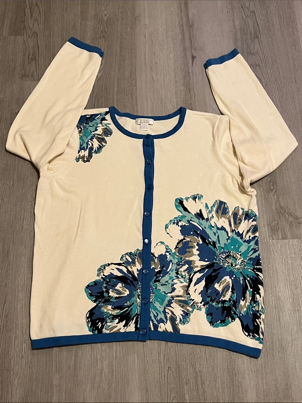 Christopher & Banks Cream Cardigan with Blue Floral Print and Teal Accents